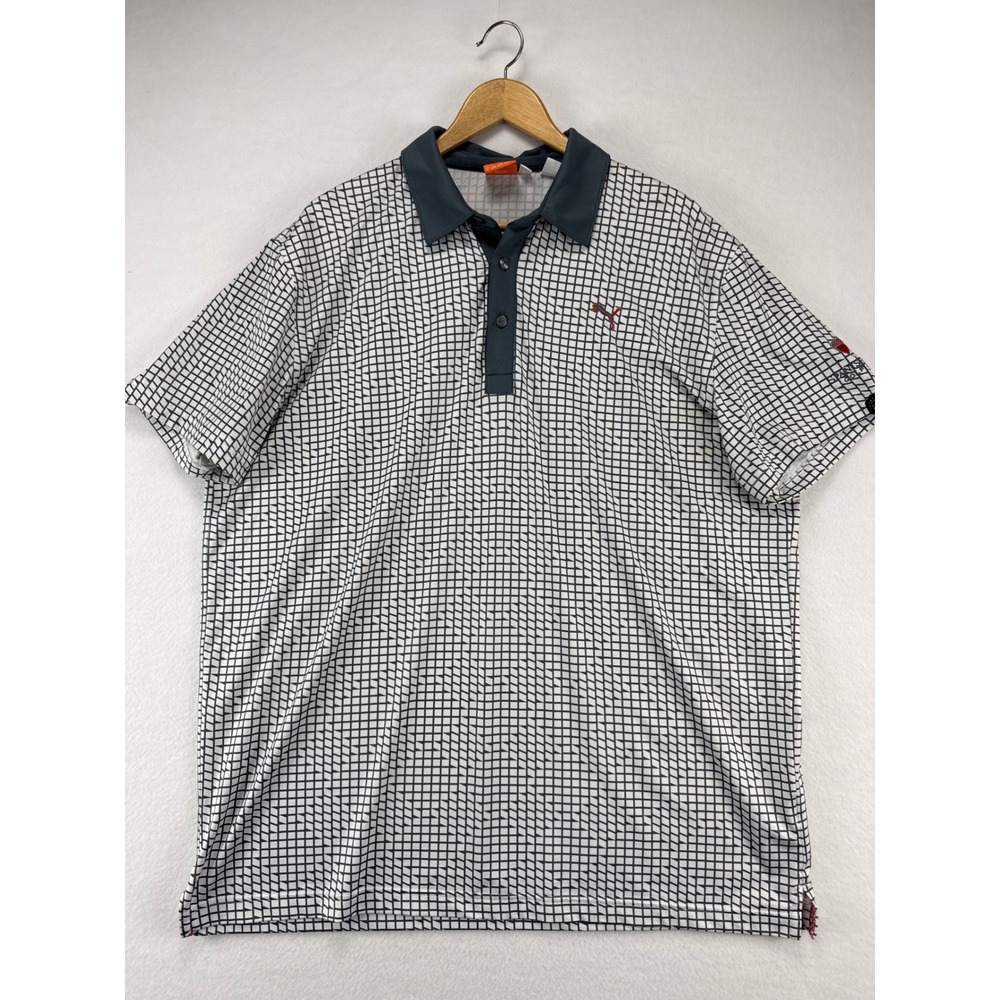 Puma Golf Polo Shirt Mens XL White Black‎ Grid Short Sleeve Spanish Oaks
